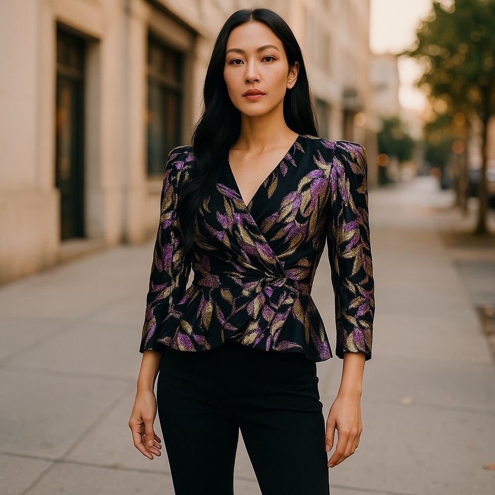 Vintage PATRA Metallic Floral Retro Peplum Blouse Size S/M Party Cocktail